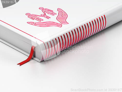 Image of Insurance concept: closed book, Family And Palm on white background