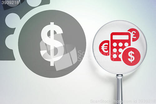 Image of News concept:  Calculator with optical glass on digital background