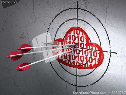 Image of Cloud computing concept: arrows in Cloud With Code target on wall background