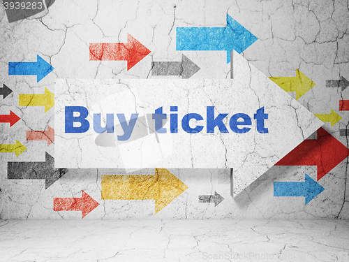 Image of Vacation concept: arrow with Buy Ticket on grunge wall background