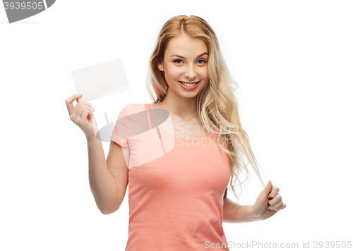 Image of happy woman or teen girl with blank white paper