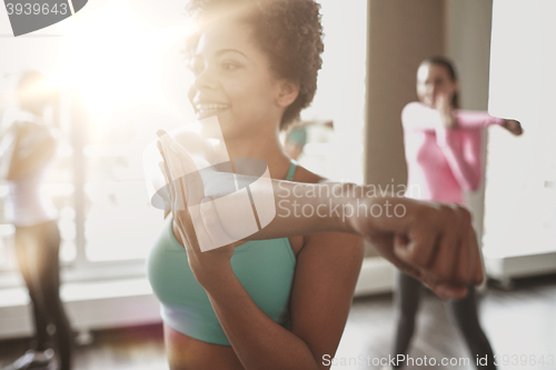 Image of group of smiling people dancing in gym or studio