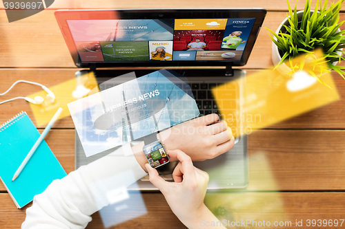 Image of close up of woman with smart watch and laptop