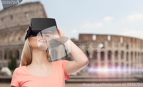 Image of woman in virtual reality headset or 3d glasses