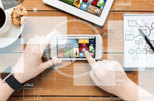 Image of close up of woman with internet news on smartphone