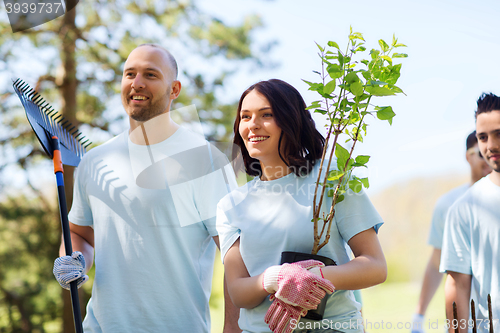 Image of group of volunteers with trees and rake in park