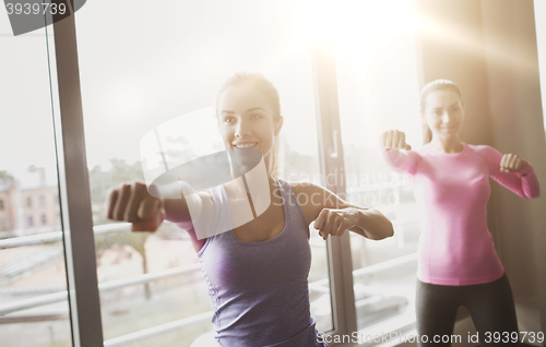 Image of group of happy women working out in gym