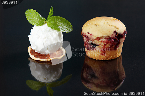 Image of dessert cake with ice cream