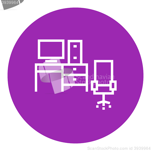 Image of Computer set with table and chair line icon.