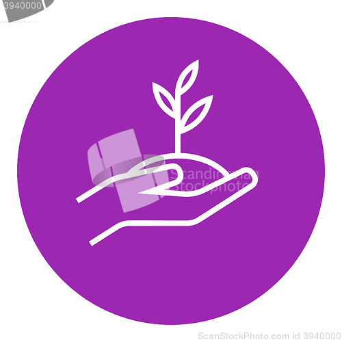 Image of Hands holding seedling in soil line icon.