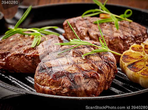 Image of beef steak on cooking pan