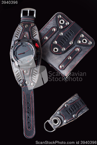 Image of accessory kit. biker watch, wallet and key ring. 