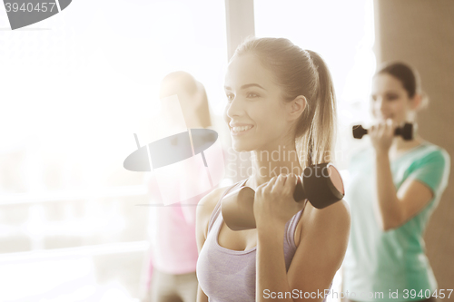Image of group of happy women with dumbbells in gym