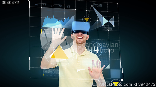 Image of happy man in virtual reality headset or 3d glasses