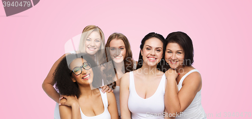 Image of group of happy different women in white underwear