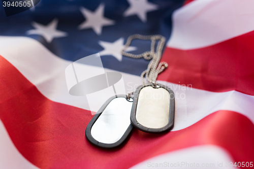 Image of close up of american flag and military badges