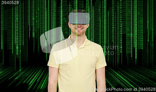 Image of happy man in virtual reality headset or 3d glasses