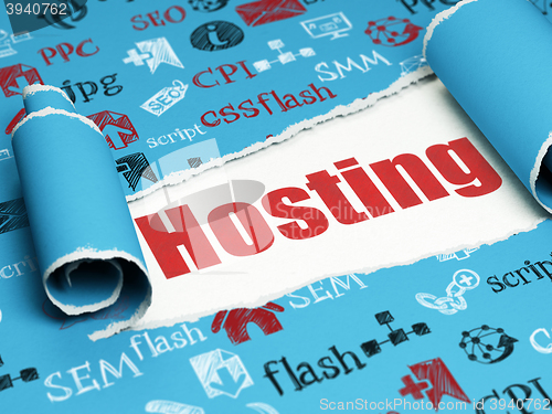 Image of Web design concept: red text Hosting under the piece of  torn paper