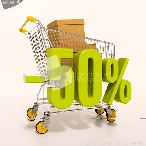 Image of Shopping cart and percentage sign, 50 percent
