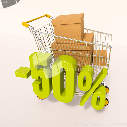 Image of Shopping cart and percentage sign, 50 percent