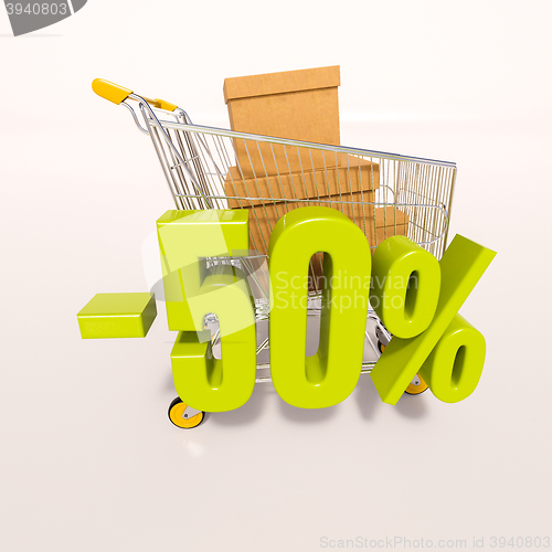 Image of Shopping cart and percentage sign, 50 percent