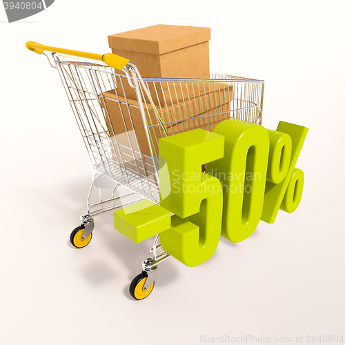 Image of Shopping cart and percentage sign, 50 percent