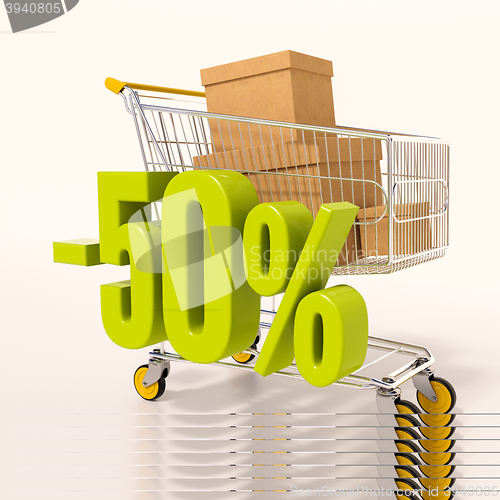 Image of Shopping cart and percentage sign, 50 percent