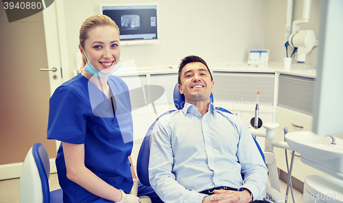 Image of happy female dentist with man patient at clinic