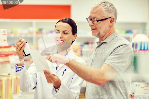 Image of pharmacist and senior man buying drug at pharmacy