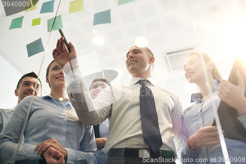 Image of smiling business people with marker and stickers