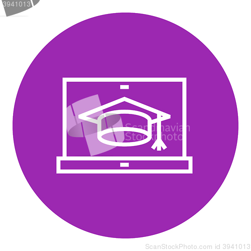 Image of Laptop with graduation cap on screen line icon.