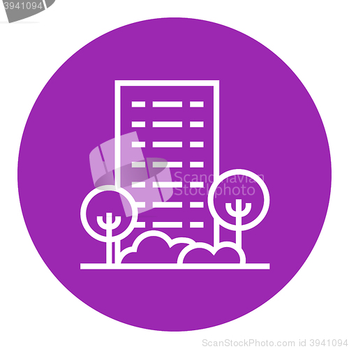 Image of Residential building with trees line icon.