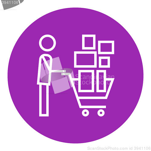 Image of Man pushing shopping cart line icon.