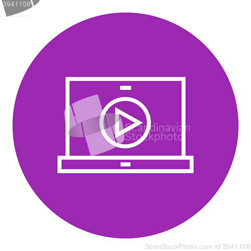 Image of Laptop with play button on screen line icon.
