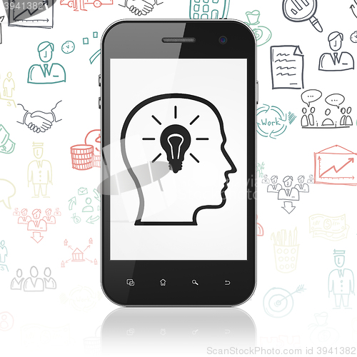 Image of Business concept: Smartphone with Head With Lightbulb on display