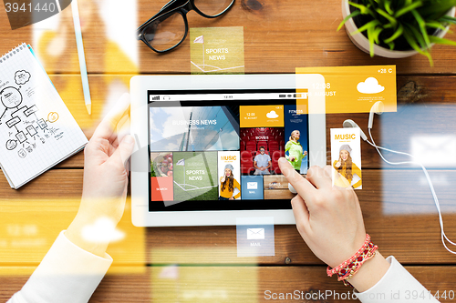 Image of close up of woman with tablet pc on wooden table