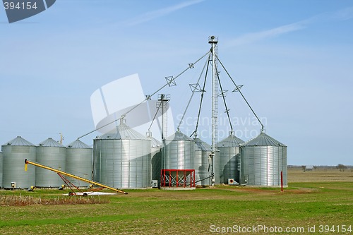 Image of Grain silos on a farm in spring