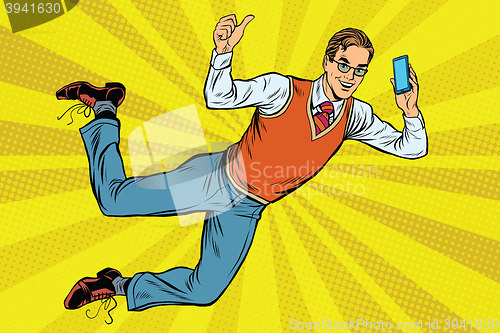 Image of Flying hipster with a smartphone
