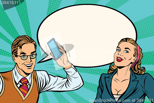 Image of Male and female mobile phone dialogue