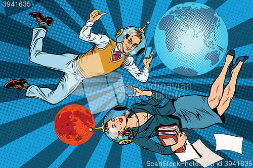 Image of Businessman and businesswoman astronauts