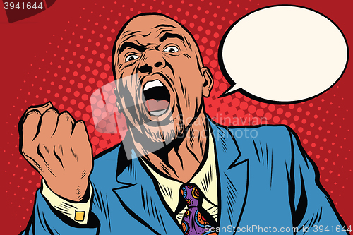 Image of Emotional strong black man with a fist