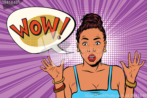 Image of Wow surprised beautiful woman, African American black people