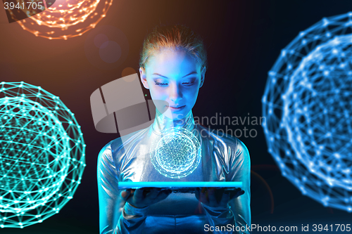 Image of Cyber woman holding lighting panel with glowing polygonal abstract sphere