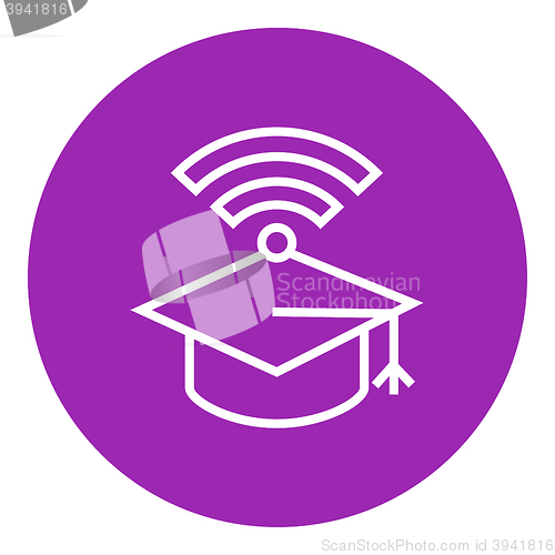 Image of Graduation cap with wi-fi sign line icon.
