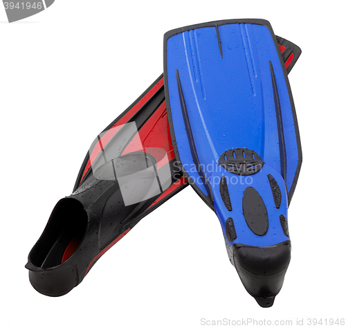 Image of Pair flippers for diving of different colors with water drops