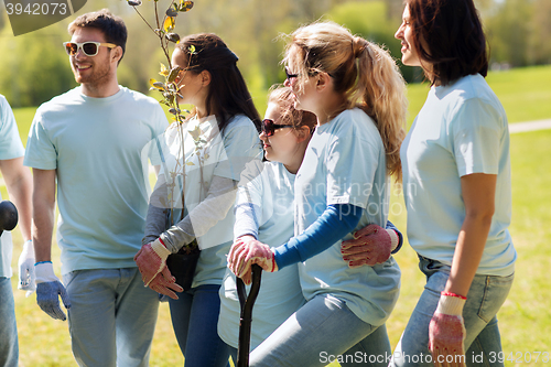 Image of group of volunteers with trees and shovel in park