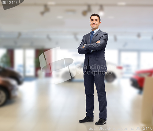 Image of businessman or car dealer over auto show