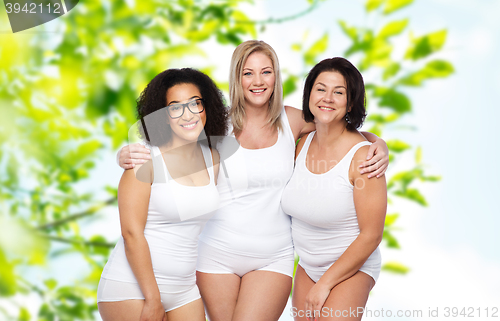 Image of group of happy plus size women in white underwear