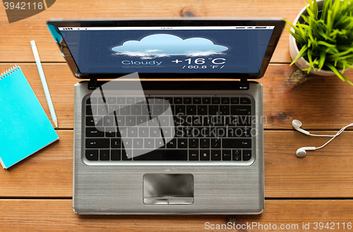 Image of close up of laptop computer with weather forecast