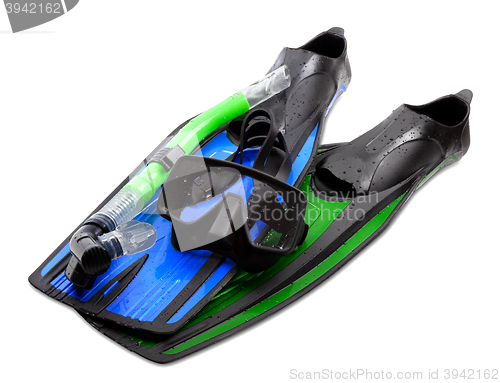 Image of Mask, snorkel and flippers of different colors